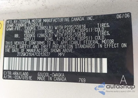 2007 Lexus Rx 350 from USA, damaged, VIN 2T2GK31U47C012627